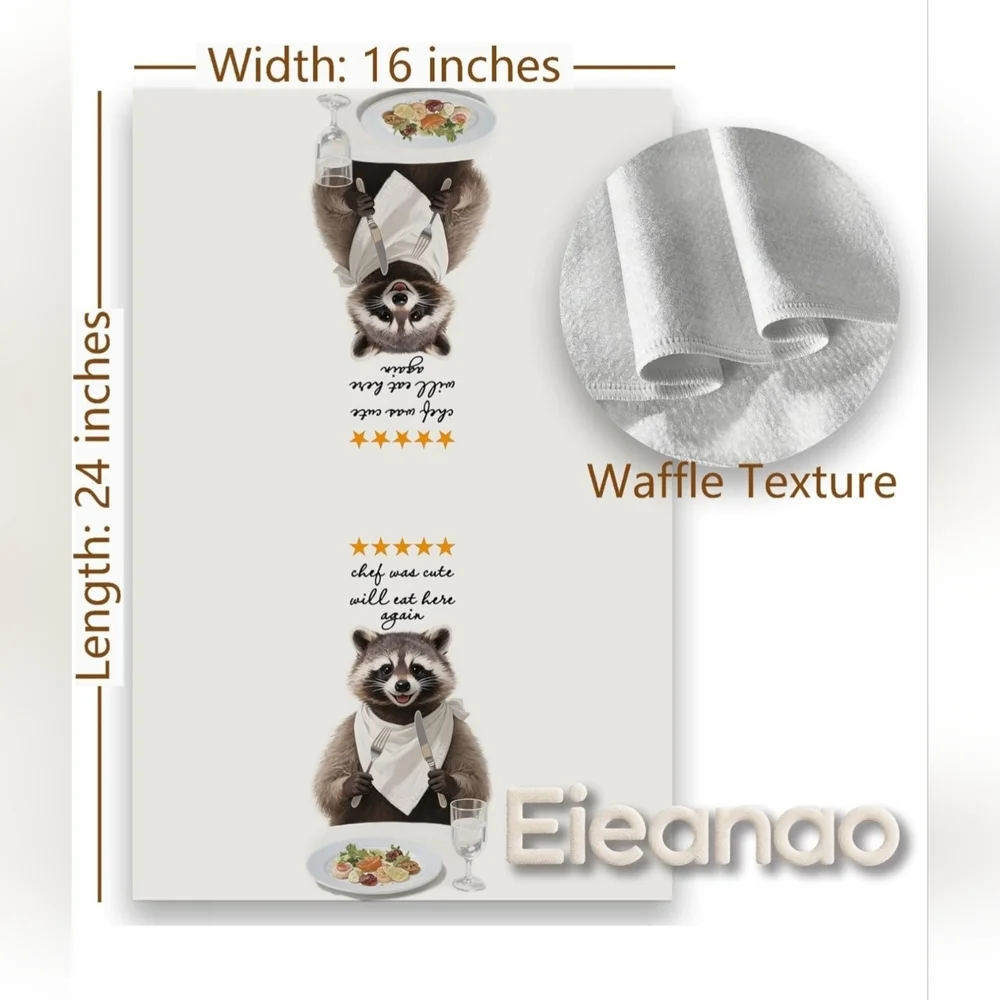 2 Kitchen Towels - White Waffle Linen With Cute Raccoon Images - Set Of 2